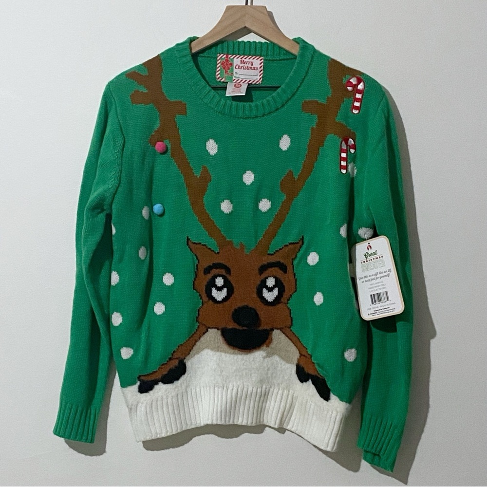 Ugly Christmas Sweater - Reindeer with Candy Cane and Snow Pullover